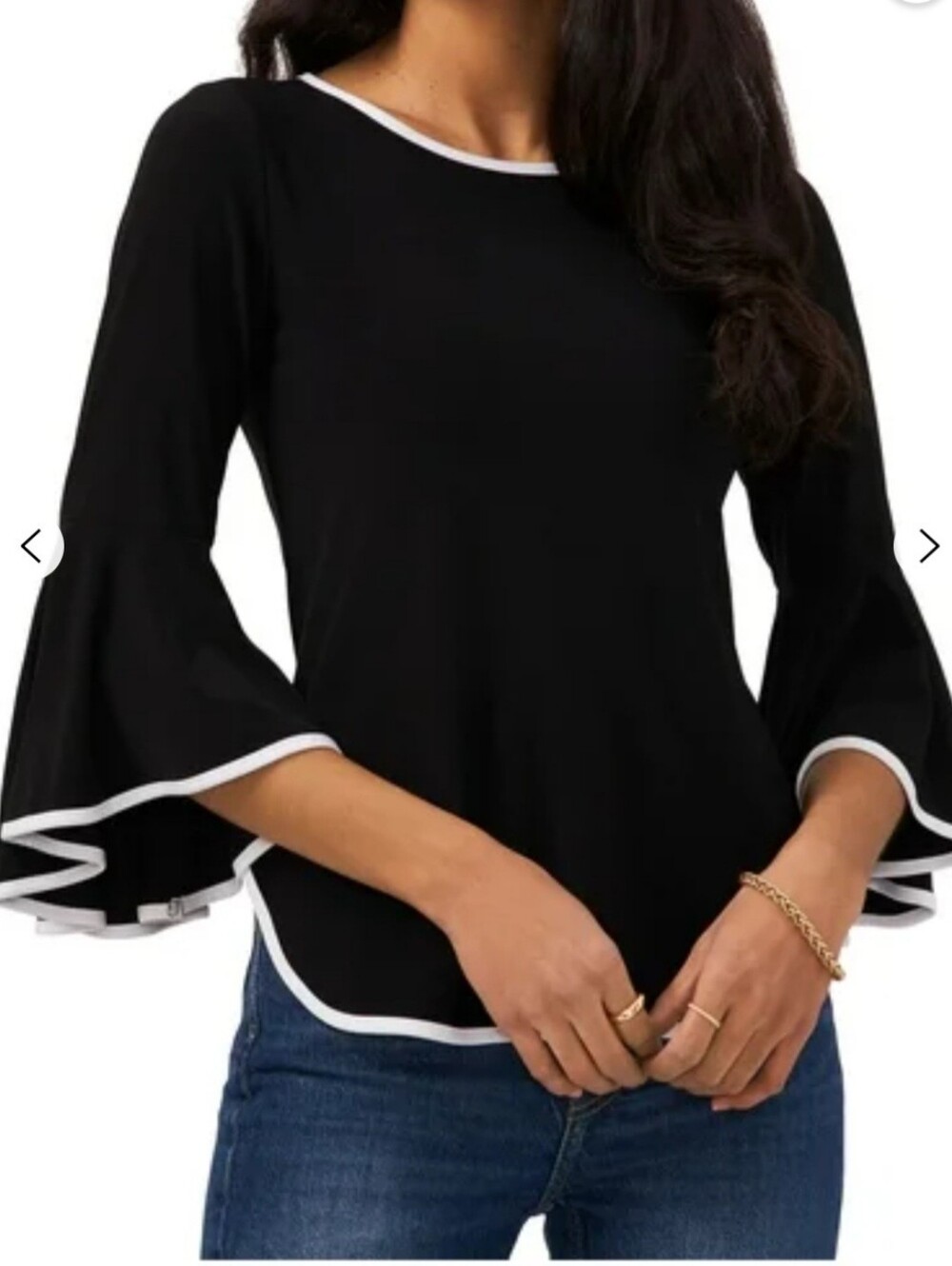 Sam & Jess Petite Black Bell Sleeve Blouse Contrast Trim Top